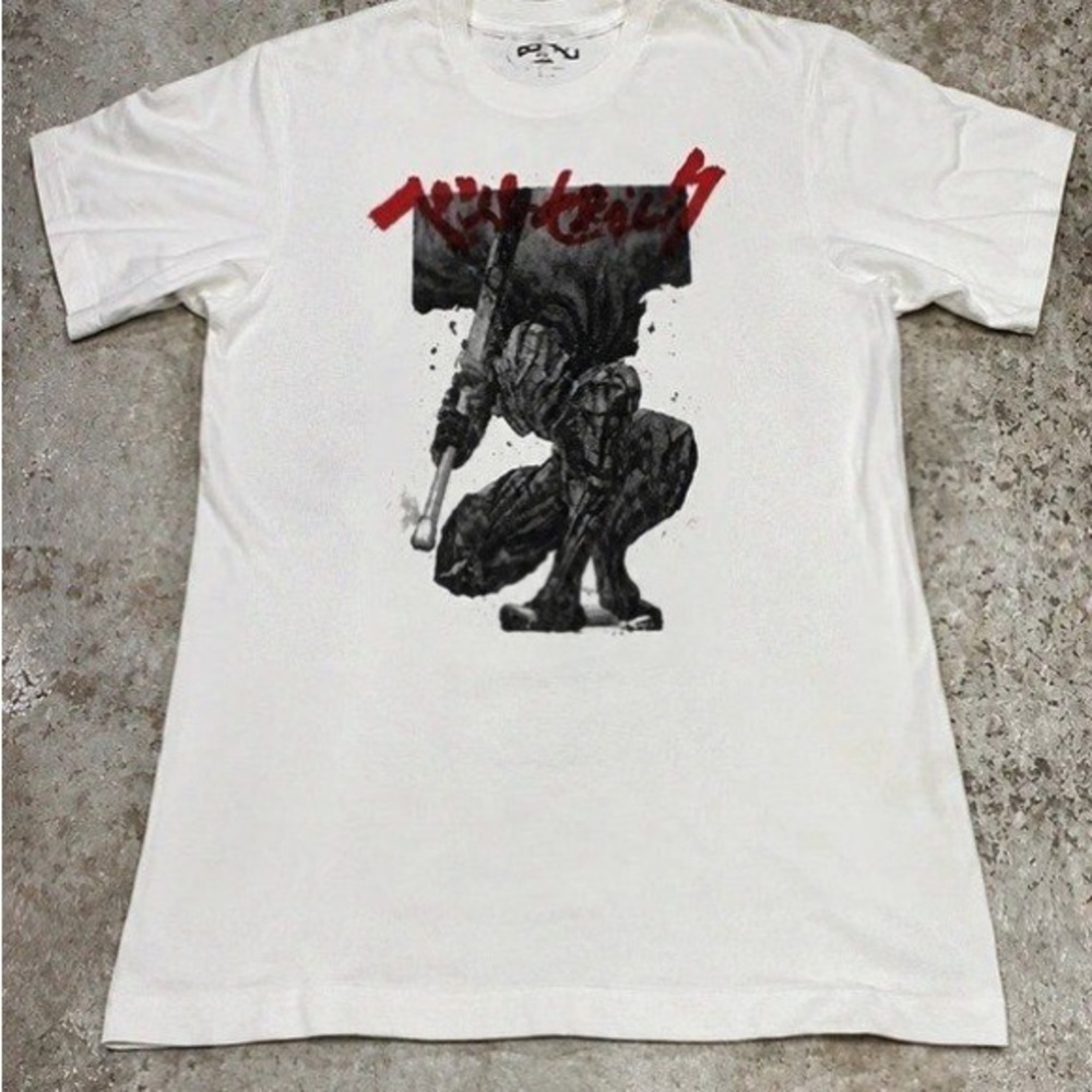 Uniqlo White Short-Sleeve Tee with Black Graphic and Red Script Accent